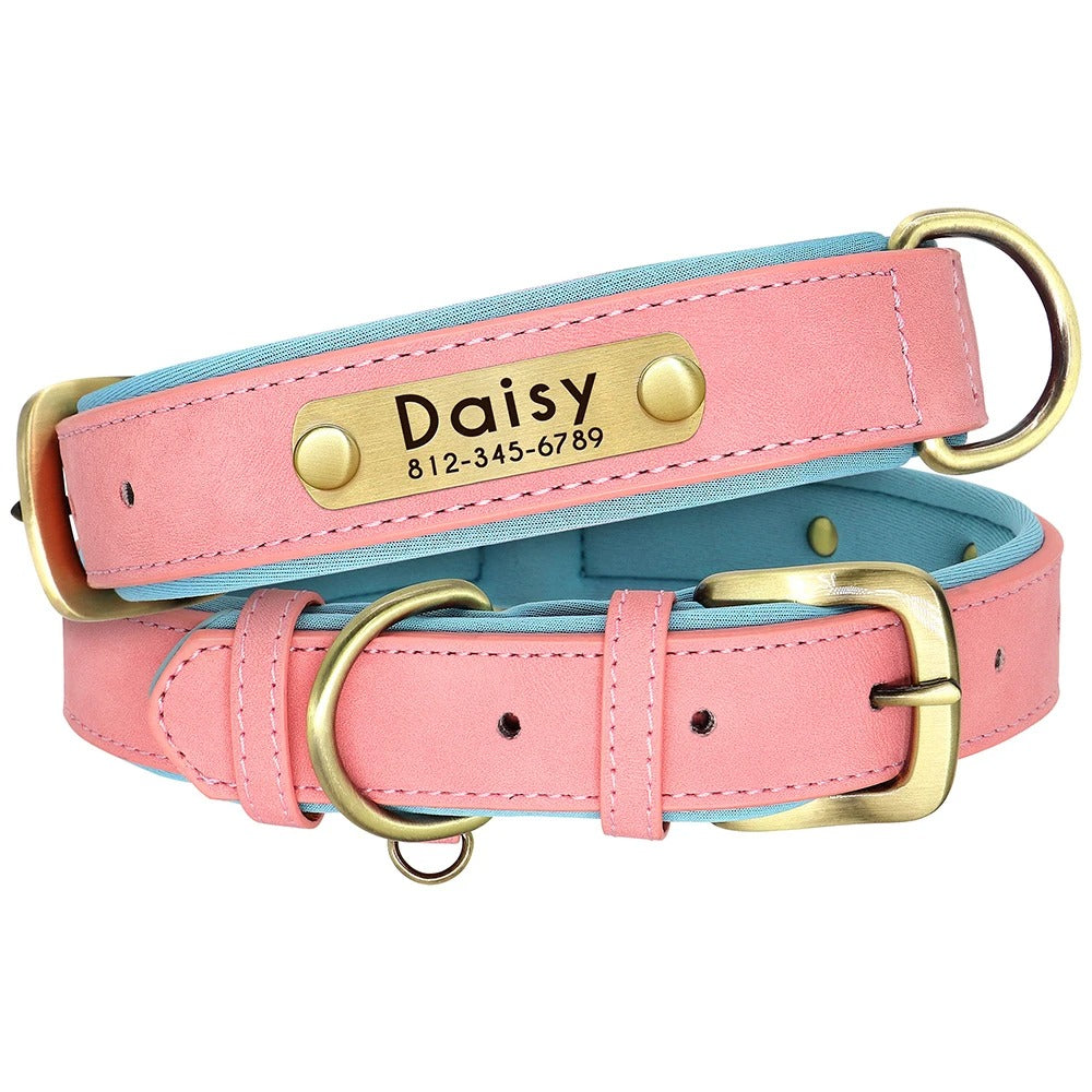 Customized Leather Dog Collar Leash Set With Free Engraving