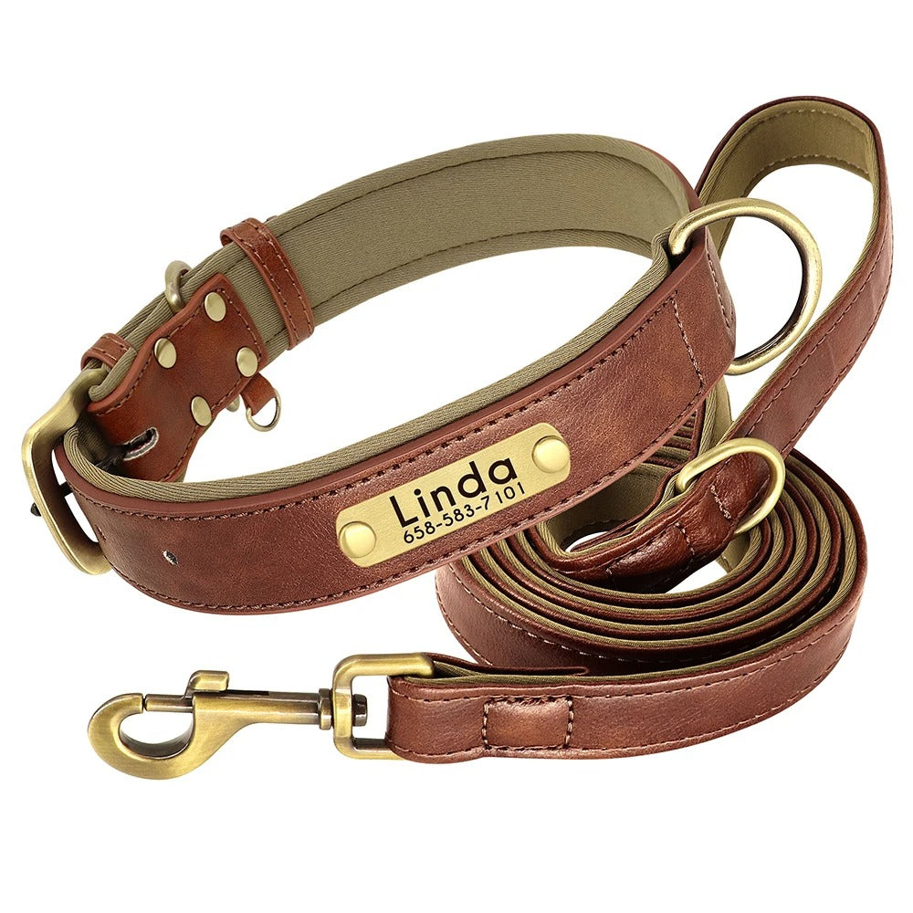 Customized Leather Dog Collar Leash Set With Free Engraving