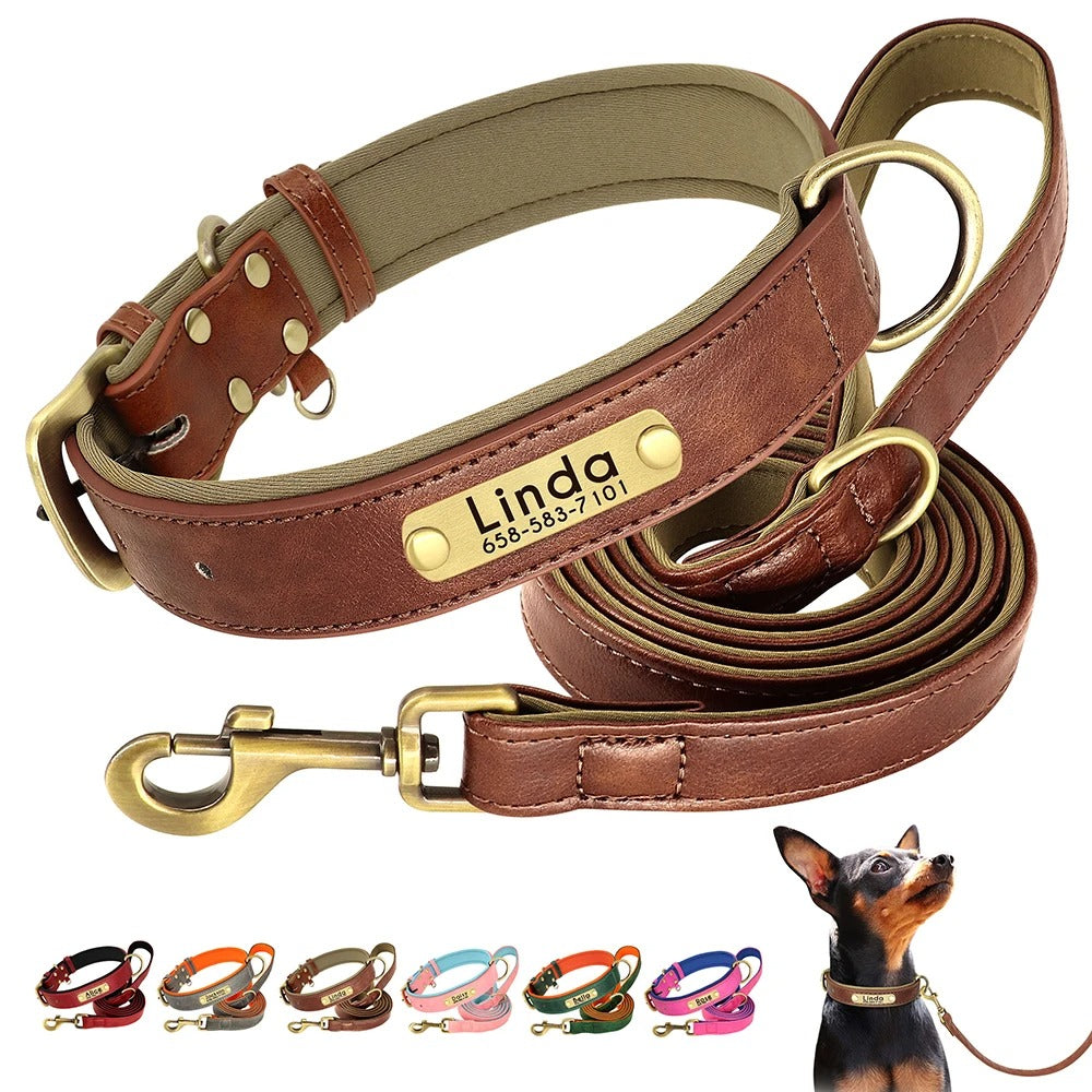 Customized Leather Dog Collar Leash Set With Free Engraving