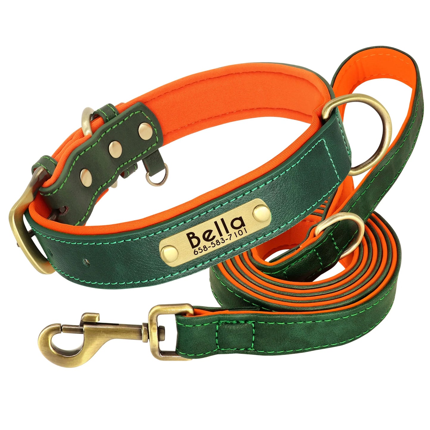 Customized Leather Dog Collar Leash Set With Free Engraving