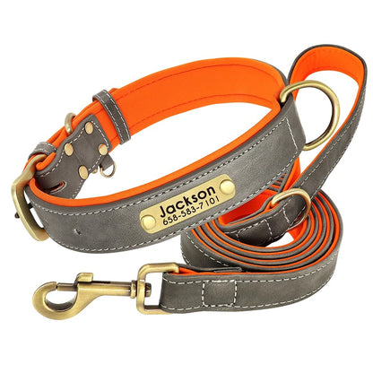 Customized Leather Dog Collar Leash Set With Free Engraving