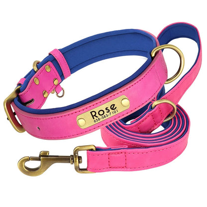 Customized Leather Dog Collar Leash Set With Free Engraving