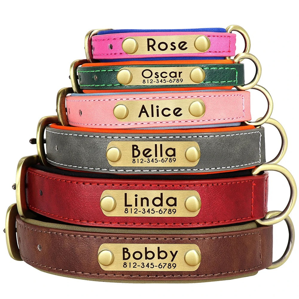 Customized Leather Dog Collar Leash Set With Free Engraving